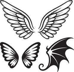 Black and White Vector Set of 10 Fantasy Hand-Drawn Wings — Doodle Style Angel and Fairy Wing Illustrations