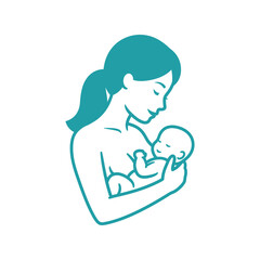 Mother Breastfeeding Baby Silhouette: Maternal Care Blue Vector Icon