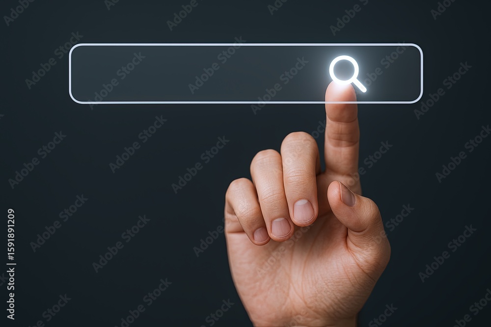 Poster close-up of a hand with a finger pointing at a search bar on a digital screen.