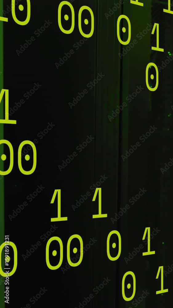 Poster animation of green binary code over servers