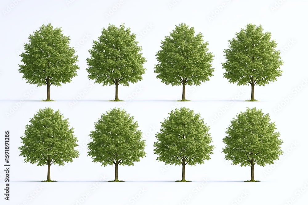 Poster array of eight bright green deciduous trees with full foliage in a line.