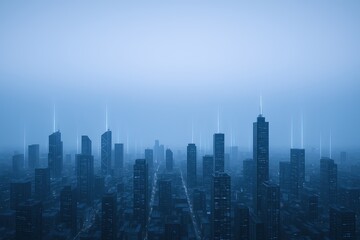 Fototapeta premium Overcast cityscape with tall skyscrapers and foggy weather during daytime.
