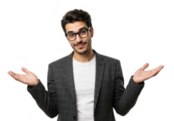 A man in a suit jacket and glasses shrugs with open hands, expressing uncertainty isolated on transparent background