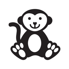Cute cartoon monkey icon, black and white smiling primate silhouette. Vector graphic character, simple logo for zoo or kids.