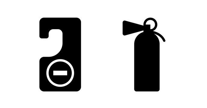 Black and white minimalist icons: do not disturb sign and fire extinguisher.