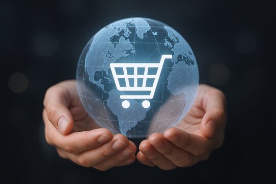 Digital shopping concept with globe and shopping cart icon representing global commerce.