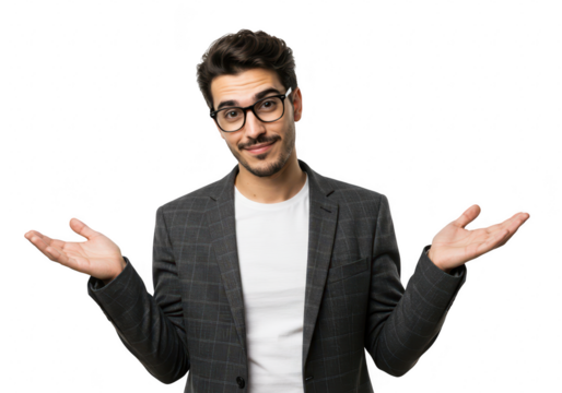 A man in a suit jacket and glasses shrugs with open hands, expressing uncertainty isolated on transparent background