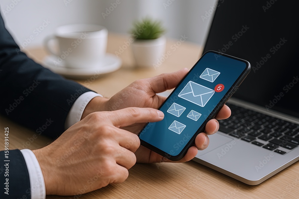 Poster close-up of a person's hand holding a smartphone with email notifications on screen in an office set