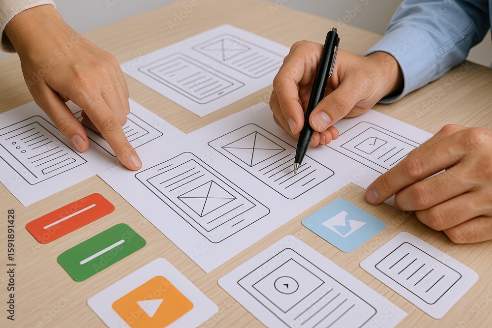 Poster collaborative team designing user interface wireframes on paper for web or app development.