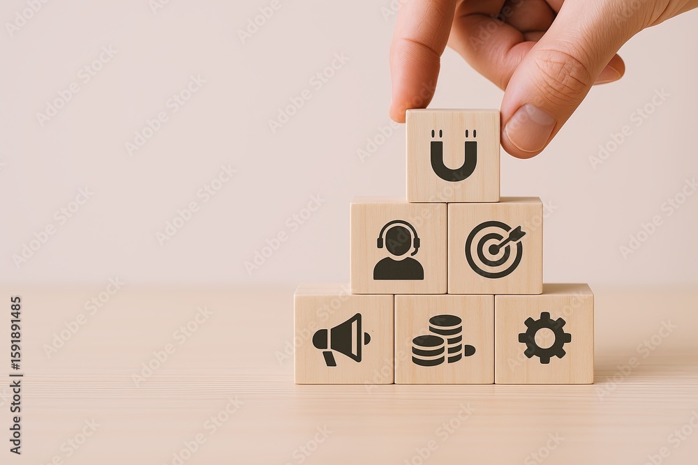 Poster hand stacking wooden blocks with icons representing teamwork communication and progress.