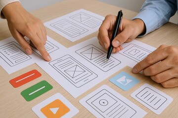 Collaborative team designing user interface wireframes on paper for web or app development.