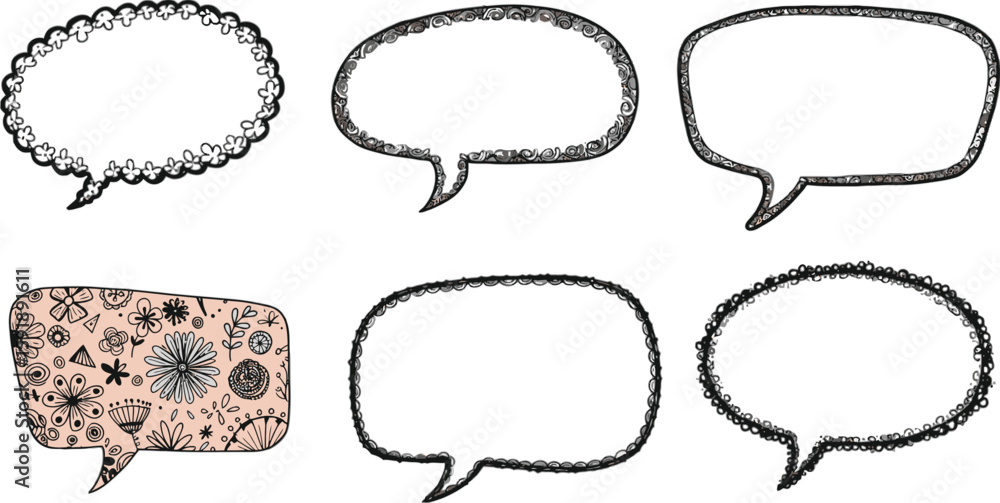 Poster vector art of handdrawn speech bubbles with decorative borders isolated on transparent background, p