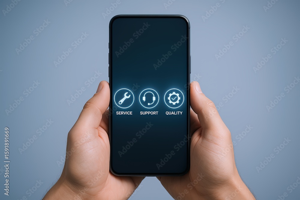 Poster close-up of a hand holding a smartphone with support service and quality icons on screen.