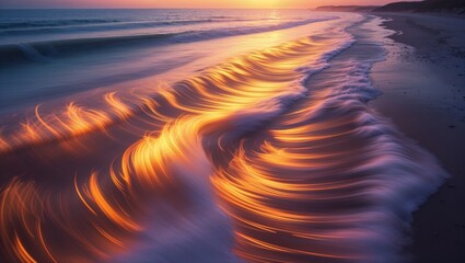 Sunset over the ocean with golden waves washing onto the shore.