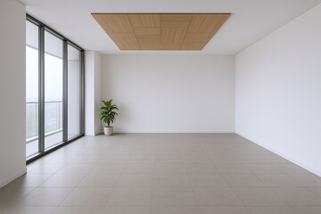 Fototapeta premium Bright modern empty room with large windows, minimalistic design, and wooden ceiling panel.