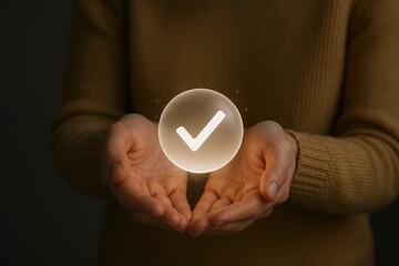 Hands Holding a glowing checkmark symbol with digital effects on dark background.