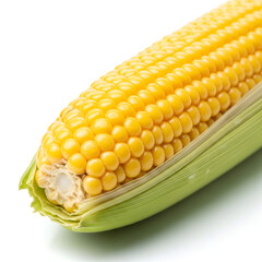 A close up shot of a single ear of corn with its husk partially peeled back on a white background