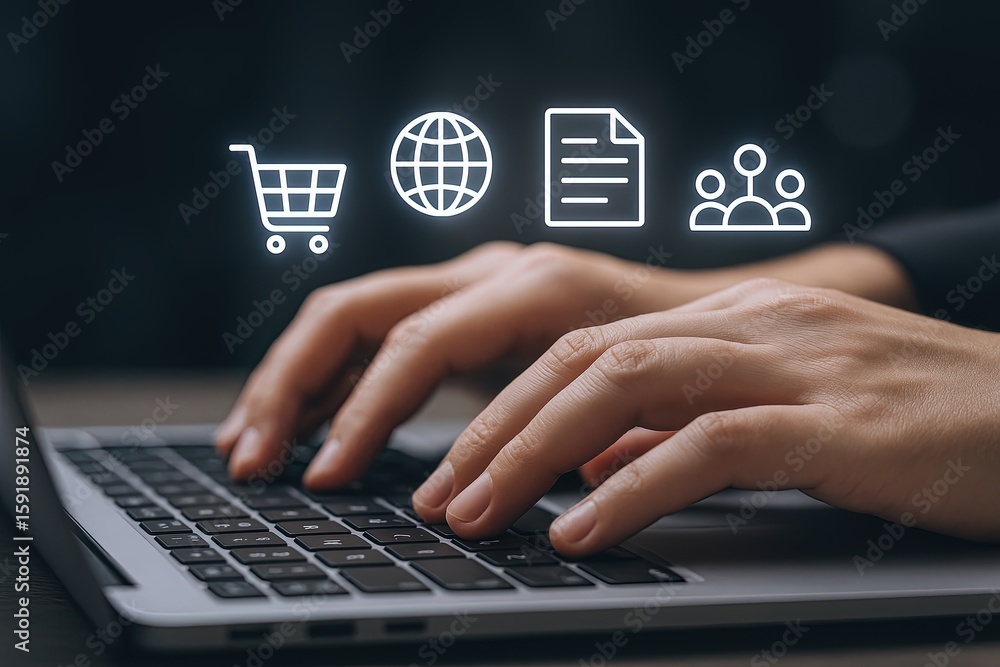 Poster hands typing on laptop keyboard with digital business icons and network symbols.