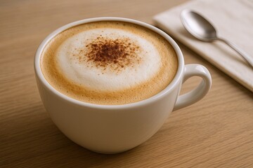 Obraz premium Close-up of a frothy coffee latte in a white ceramic mug on wooden table.