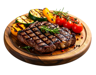  Grilled steak with roasted vegetables on wooden board, isolated on transparent background PNG  