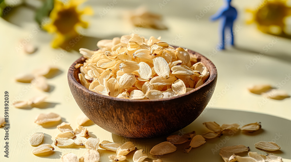 Poster bowl filled with nuts is placed on a table with a blue figurine of a person standing behind it. the 