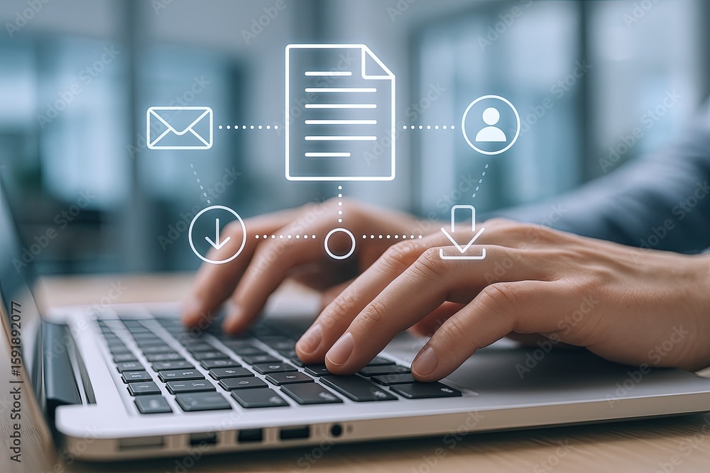 Poster modern workspace with person typing on laptop keyboard capturing digital communication icons.
