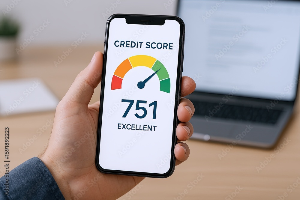 Poster smartphone displaying credit score gauge with 751 excellent rating in a modern workspace.