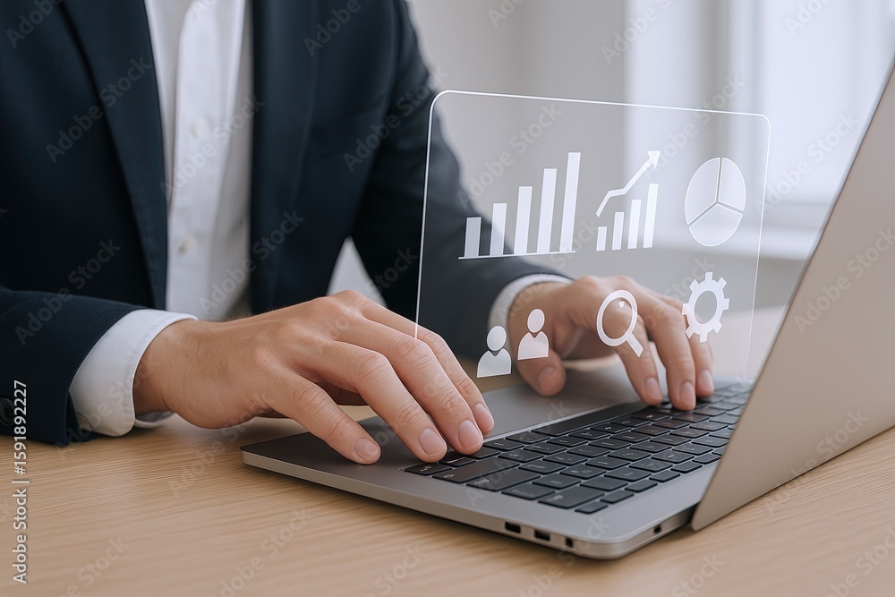 Aufkleber professional businessman using transparent digital interface with graphs and icons on laptop screen.