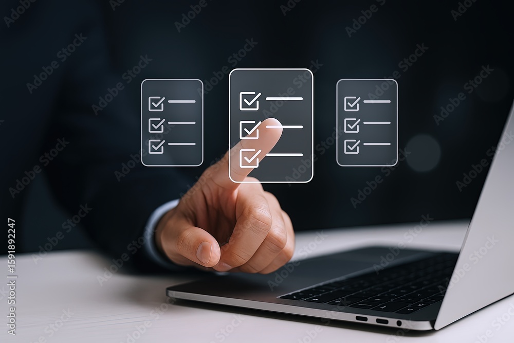 Aufkleber handsome businessman using smartphone with checkmark icons for digital task management.