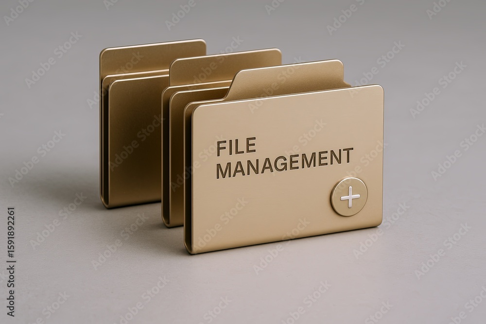 Aufkleber set of four beige file folders labeled file management arranged on gray surface.