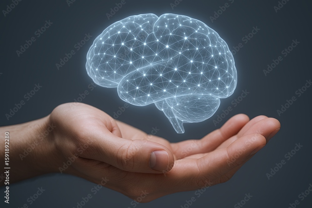 Poster innovative digital brain visualization with network connections and glowing elements.