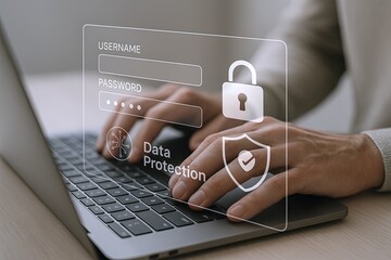 Hands typing on laptop with digital data protection security overlay and padlock symbols.