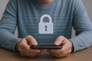Person Holding Smartphone With Digital Lock Icon and Binary Code Overlay in Close-Up.