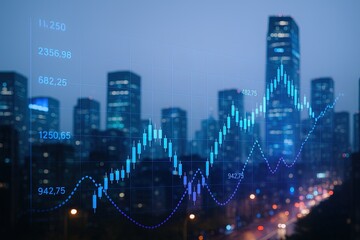 Modern city skyline at night with digital financial data and stock market charts.