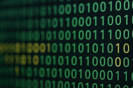 Digital binary code with green and yellow numbers representing technology and data analysis.