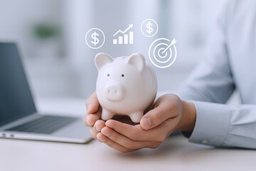 Businessperson holding piggy bank with financial growth icons and clear workspace.