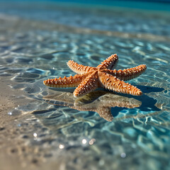 Starfish Resting in Clear Shallow Water on Tropical Beach