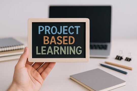 Hand Holding Small Chalkboard Sign with Project Based Learning Text in Educational Office.