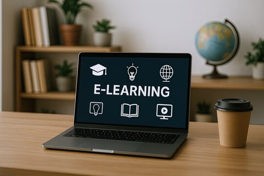 Modern laptop displaying e-learning content with icons on a wooden desk in a home office setup.