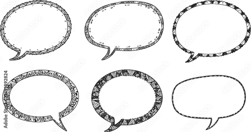 Poster vector art of set of doodle speech bubbles with decorative borders isolated on transparent backgroun