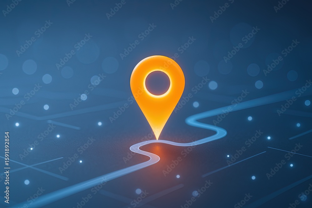 Aufkleber bright location marker pin glowing on digital map with navigation route background.