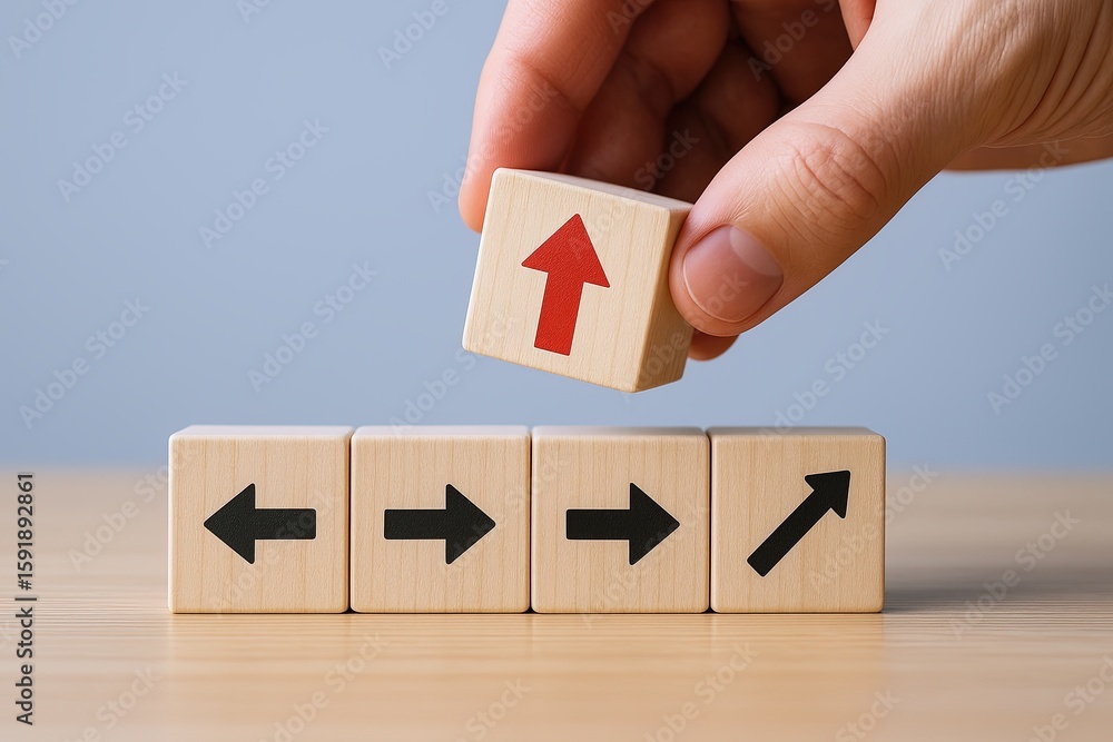 Poster hand stacking wooden blocks with upward arrow symbol over row of blocks with arrows.