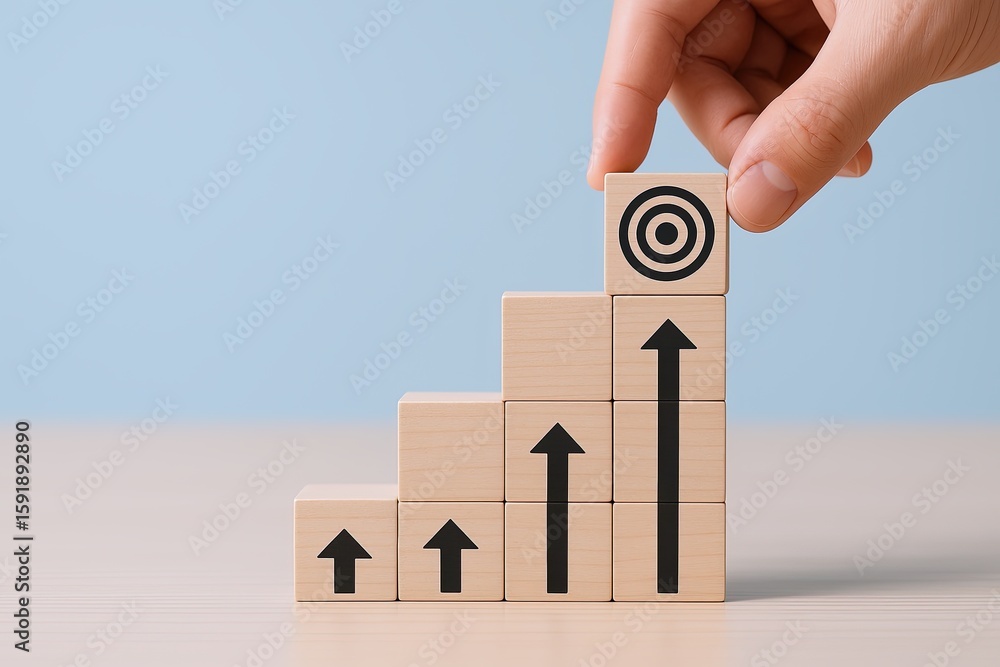 Poster hand placing a wooden block with target symbol on top of increasing wooden blocks representing growt