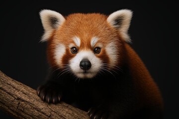Adorable Red Panda Cub Climbing on Tree Branch with Curious Expression Portrait.