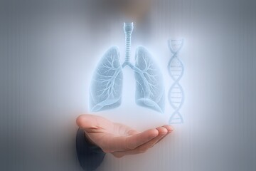 Human hand holding futuristic digital lungs and DNA strand representing respiratory health.