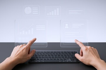 Modern digital data analysis with holographic screens featuring charts and graphs.