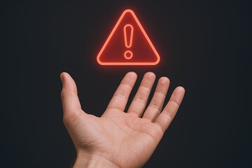 Human hand reaching towards glowing red warning sign icon with exclamation mark.