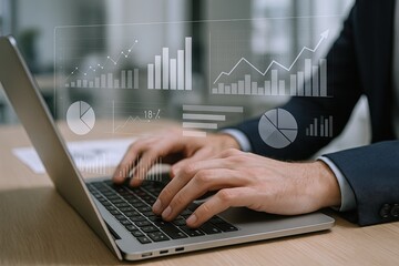 Businessperson analyzing financial data with digital charts and graphs on screen.