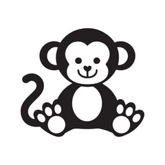 Cute cartoon monkey icon, black and white smiling primate silhouette. Vector graphic character, simple logo for zoo or kids.