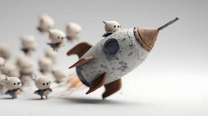 Whimsical Rocket Launch: A Charming 3D Render of Cute Characters Embarking on a Space Adventure